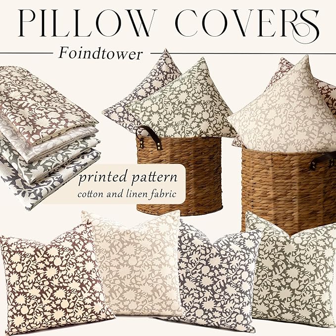 Foindtower Set of 2 Decorative Neutral Floral Throw Pillow Covers Accent Farmhouse Cushion Covers Boho Vintage Pillowcase for Couch Sofa Bedroom Living Room Home Decor,18×18 Inch,Ivory Beige