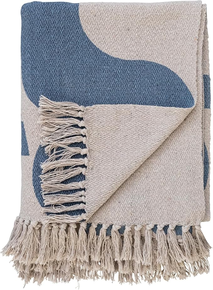 Bloomingville Woven Reclaimed Cotton Blend Printed Sheet with Abstract Design and Fringe, Blue and Beige Throw Blanket