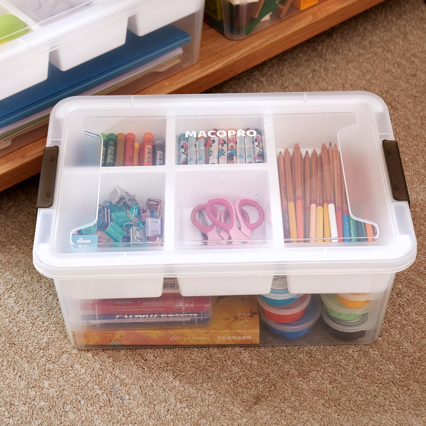 MACOPRO 17 QT Plastic Storage Box with Removable Tray, Bins with Lids, Clear Storage Container for Craft Supplies, Beads, Tools, Sewing, and Playdoh Organization (White, 1Pack-17QT)