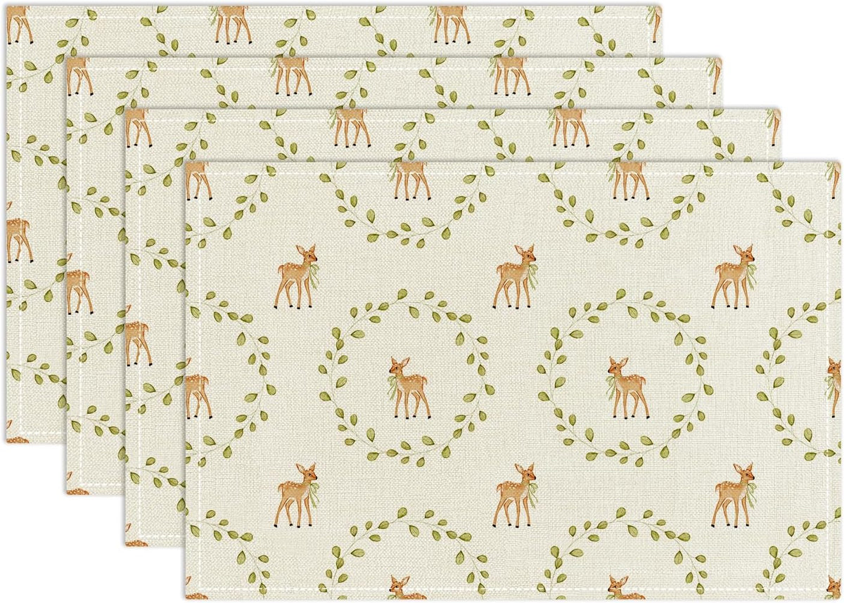 Fawn Themed Placemats Set of 4, Green Leaf Table Mat for Home Kitchen, Restaurants, Outdoor Linen Washable Place Mats 12x18 inch Party Event Dining Decoration-10