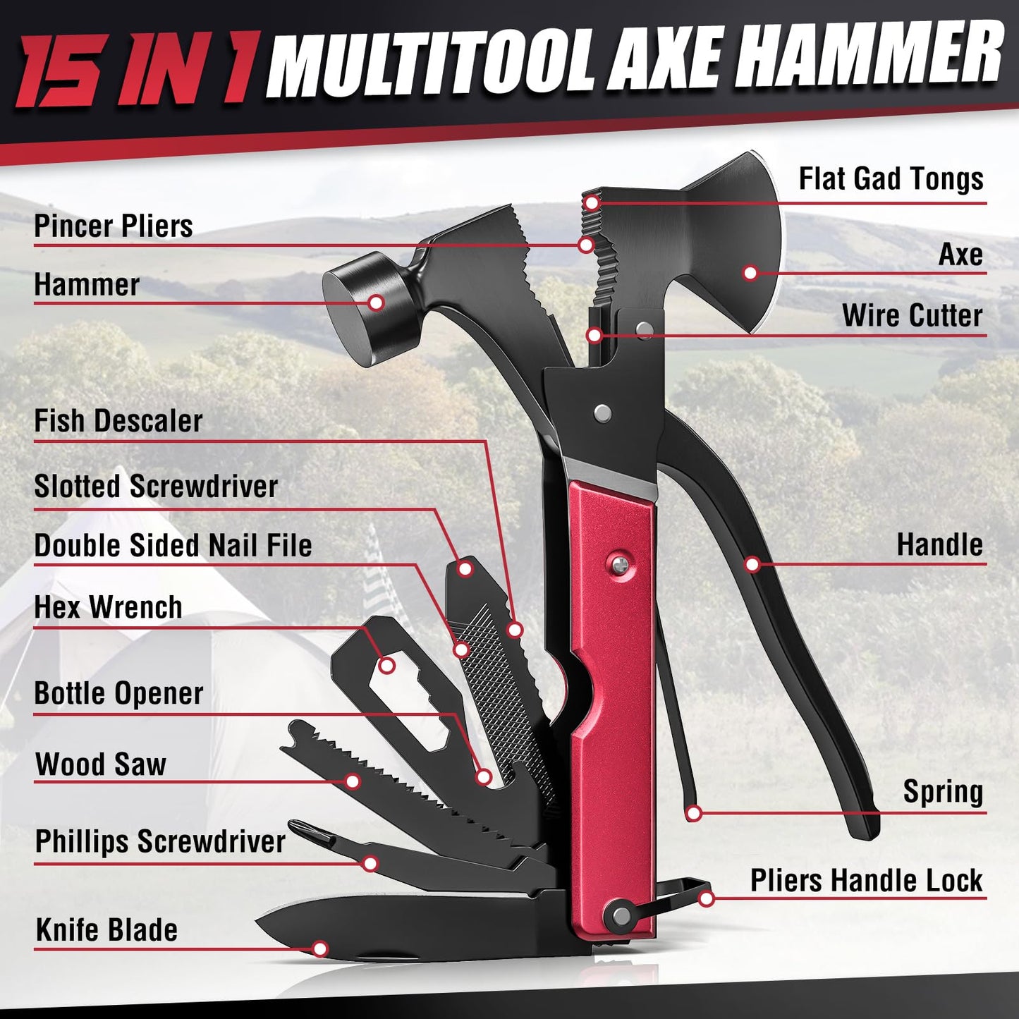 15 in 1 Multitool Axe Hatchet, Valentines Day Gifts for Him Adults, Camping Accessories Survival Gear, Multi Tool for Camping Hiking Survival, Cool Gadgets Gifts for Men, Husband, Boyfriends