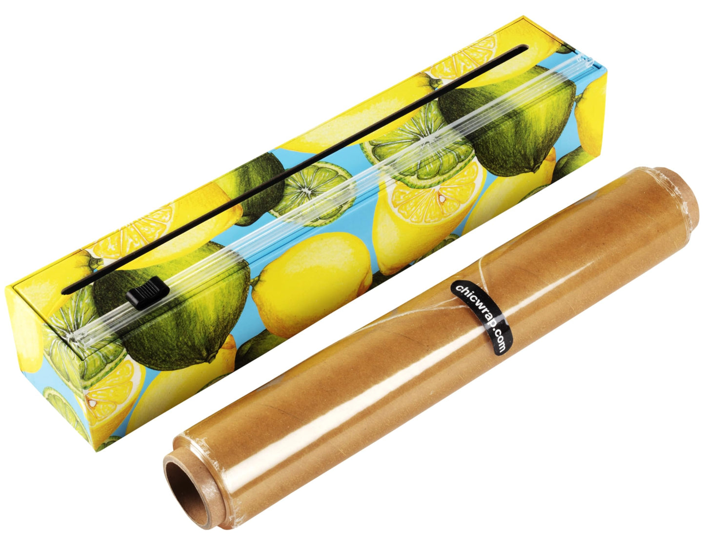 Chicwrap Lemon Refillable Plastic Wrap Dispenser - Includes One 12" x 250' Roll of Professional Grade Plastic Wrap - BPA Free and Kosher Certified - Reusable Dispenser w/Slide Cutter