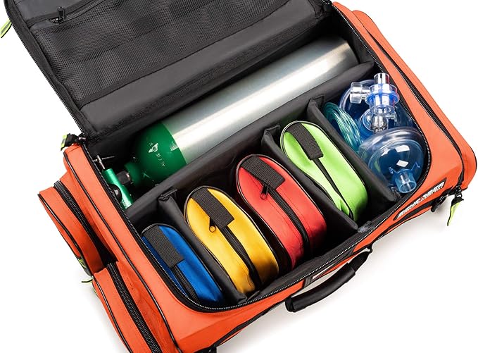 Scherber Fully-Stocked Premium First Responder Bag | HSA/FSA Approved | Large Pro EMT/EMS Trauma, Bleeding & Oxygen Medical Kit | CAT Tourniquet, HyFin Chest Seal & 260+ First Aid Supplies (Orange)