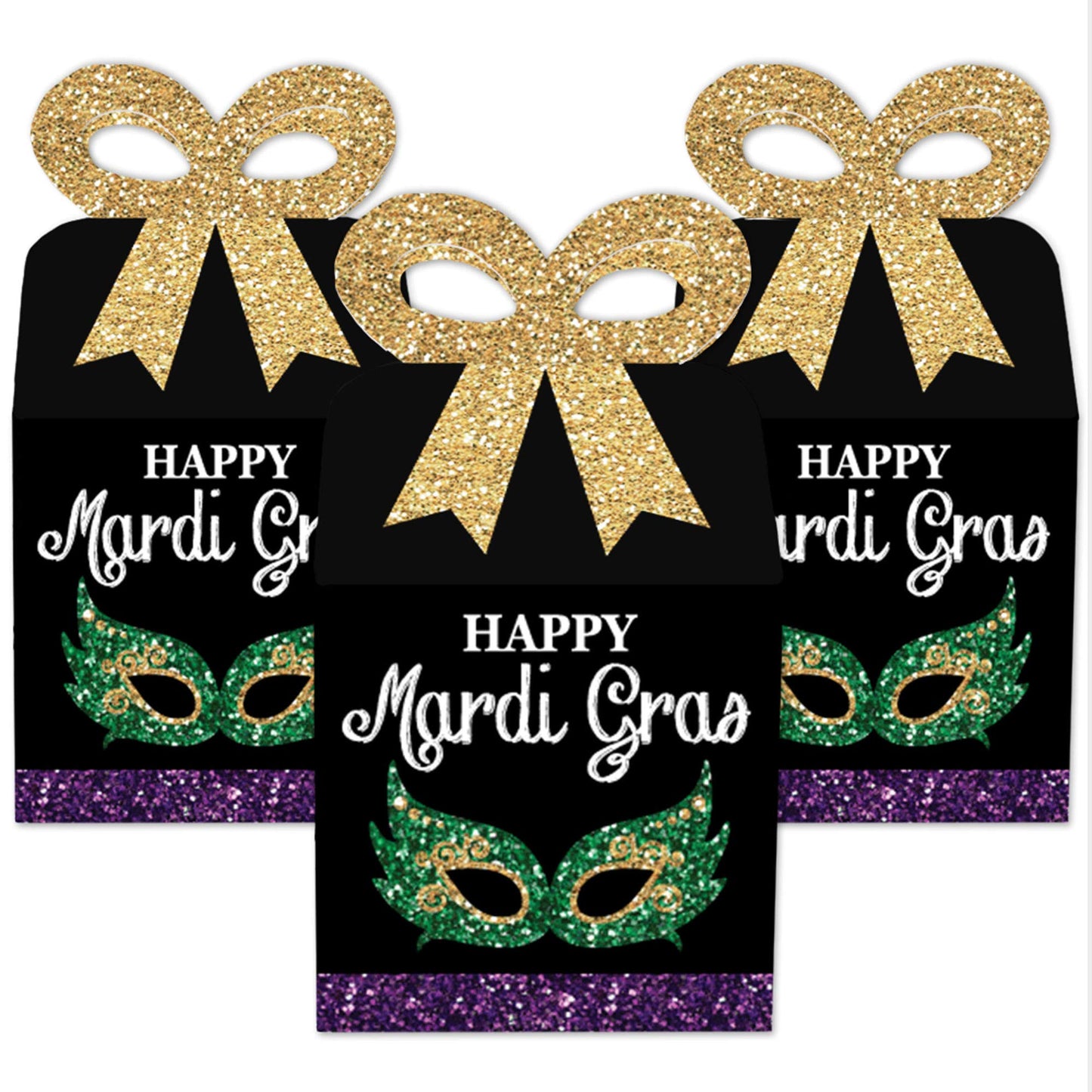 Big Dot of Happiness Mardi Gras - Square Favor Gift Boxes - Masquerade Party Bow Boxes - Set of 12