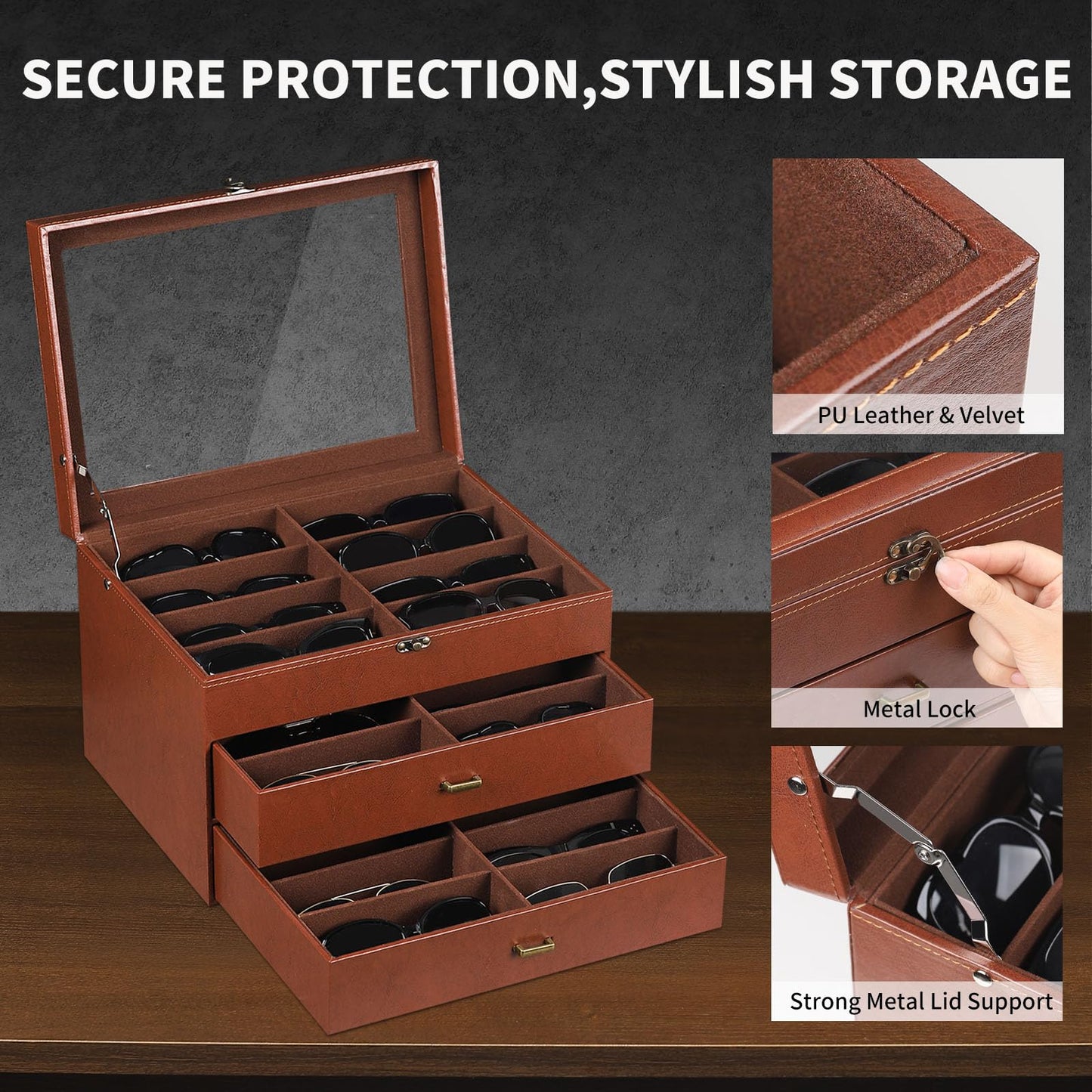 AUTOARK Leather & Velvet Clear Lid 24 Piece Eyeglasses Storage and Sunglass Glasses Display Drawer Lockable Case Organizer,Coffee,MKAW045