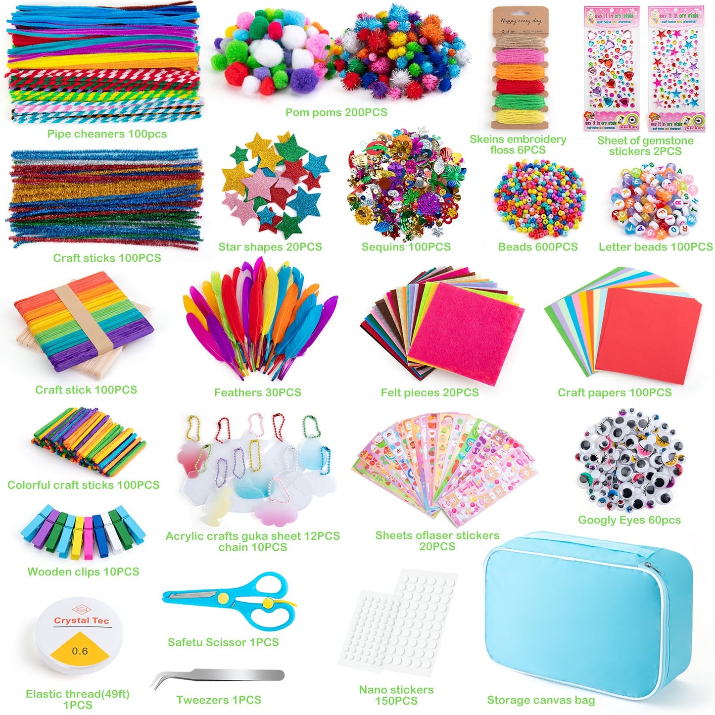 Sundaymot Arts and Crafts Supplies for Kids, 2000+Pcs DIY Craft Kits, Ages 6-10, Educational Preschool and Homeschooling Arts Programs, Children Craft Kits, Gifts for Boys and Girls.