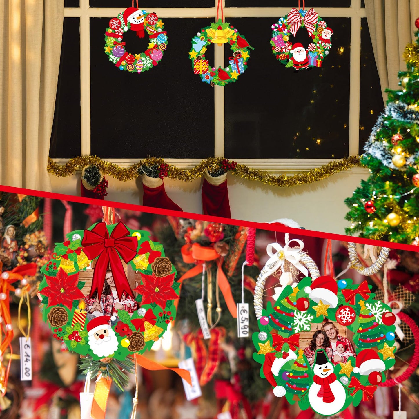 Fullhawl 48 Set Christmas Wreath Craft Kits DIY Christmas Photo Frame Ornament with Assorted Stickers Make You Own Wreath Crafts for Boys Girls Church Favor Home Classroom Xmas Gift