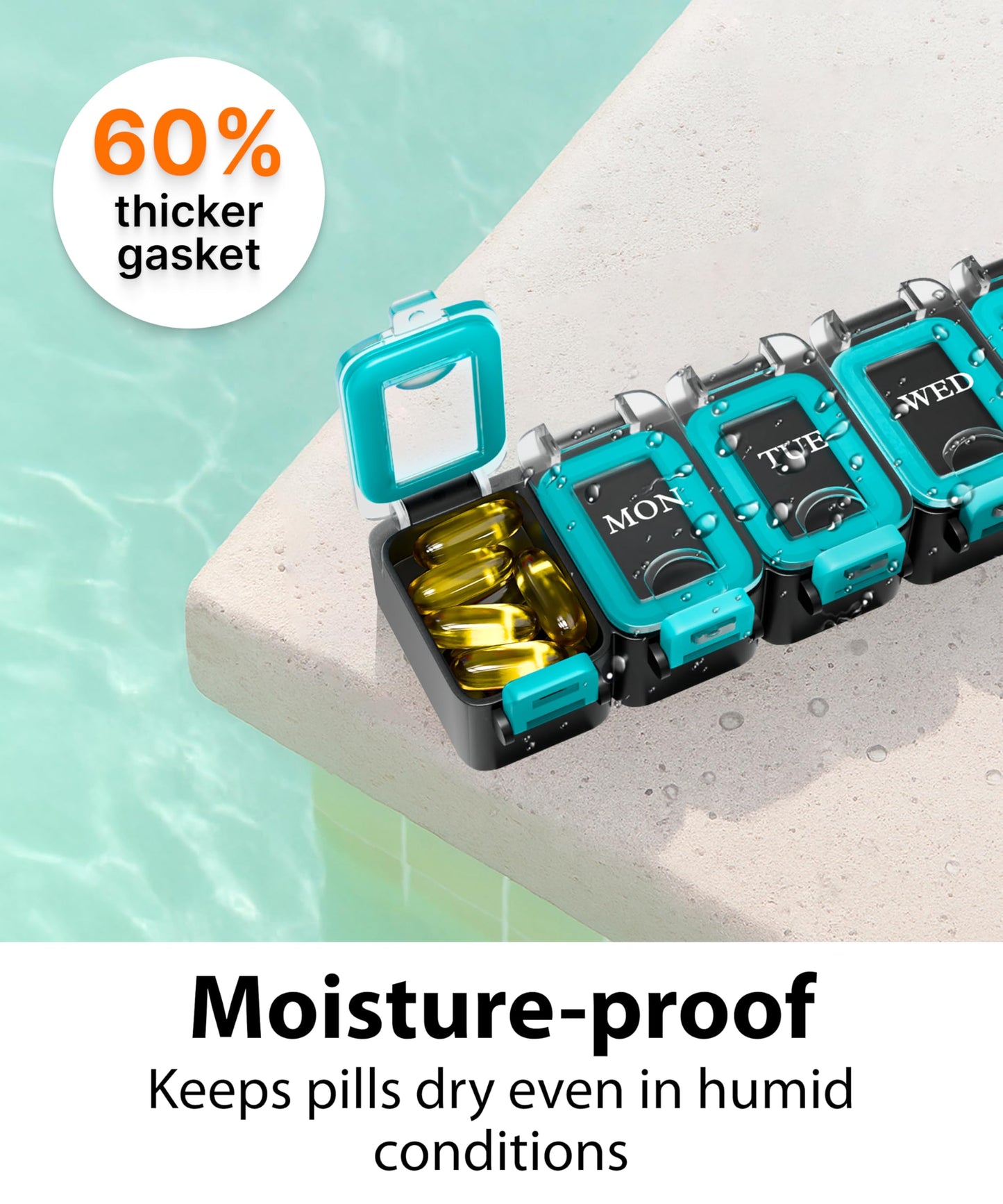 Weekly Pill Organizer 1 time a Day – Pill Box 7 Day with Enhanced Waterproof Seal, Large compartments Hold Big Vitamins & Supplements, Upgraded Locking lids, for Home & Travel use, Durable Hard case