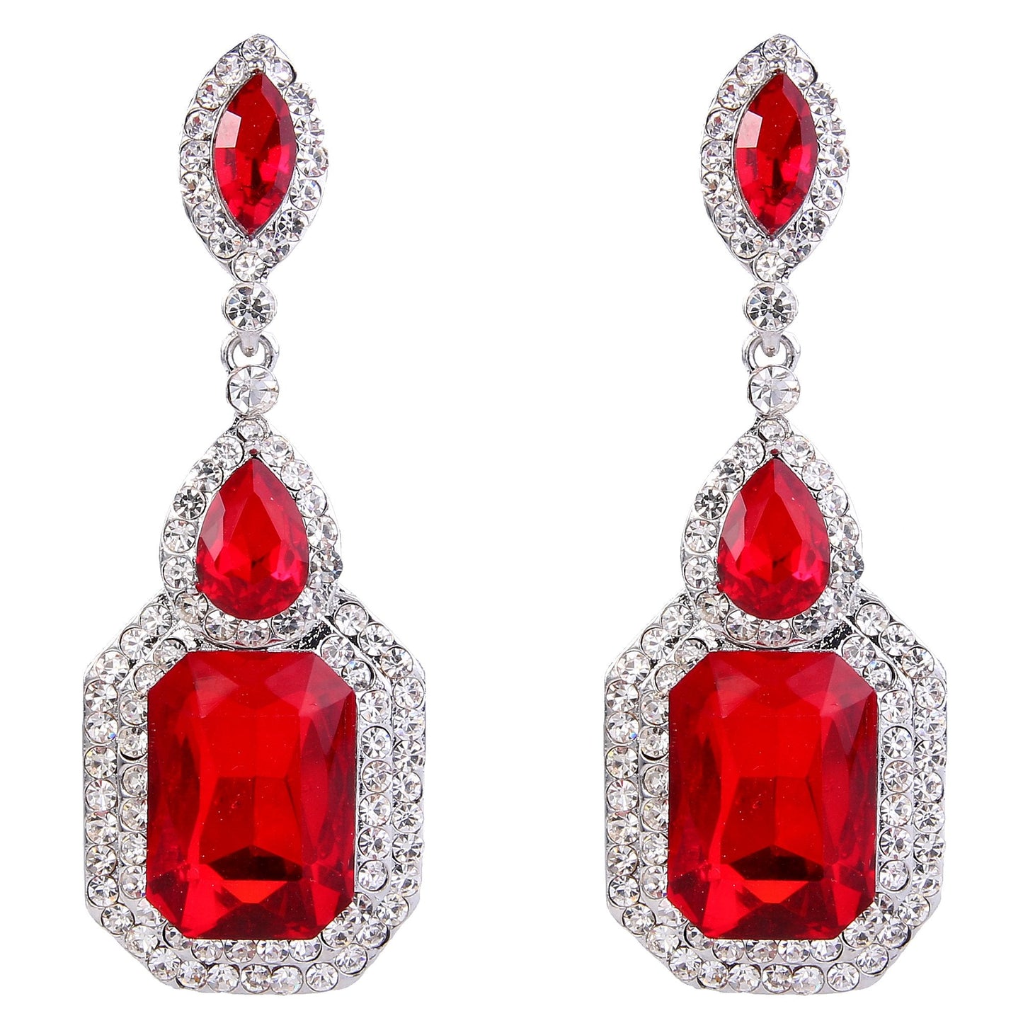 BriLove Women's Wedding Bridal Dangle Earrings Emerald Cut Crystal Infinity Figure 8 Chandelier Jewelry Ruby Color Silver-Tone