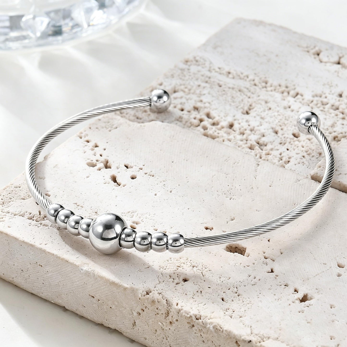 LXBQYSTO Cable Wire Twisted Cuff Bangle Bracelet For Women 14K Gold/rose/silver Stainless Steel Jewelry for Women Gift (Bead Silver)