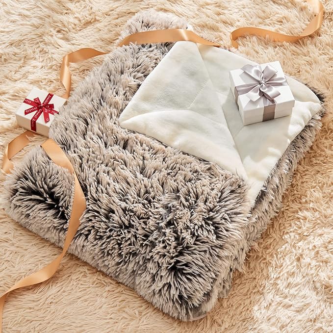 GONAAP Fuzzy Faux Fur Throw Blanket Queen Size Frosty Brown Super Soft Cozy Plush Fuzzy Shaggy Blanket for Couch Sofa Bed (Frosty Brown, Queen(90"x90"))