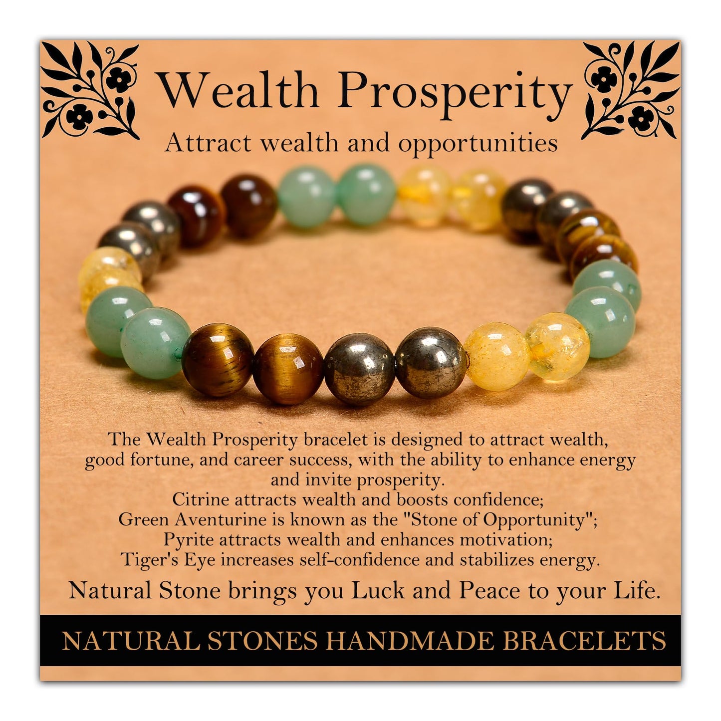 Handmade Natural Gemstone Elastic Bracelet - Healing Crystal Beads Jewelry, Unisex (Wealth Prosperity, 8mm)