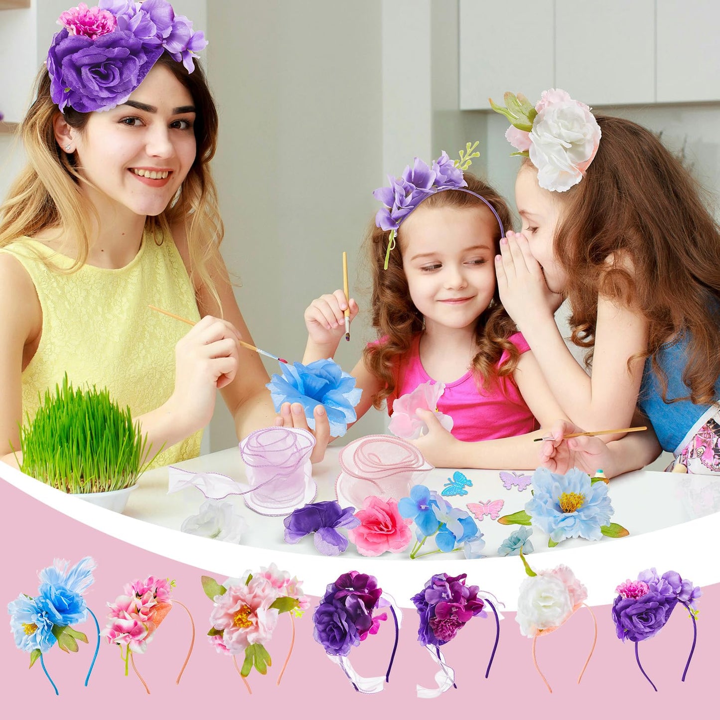 Windkream 353 Pcs Headband Making Kit for Women Include 12 Headbands 24 Fake Flowers 300 Feathers 4 Mesh Ribbons 1 Roll Double Faced Adhesive Tape 12 Butterfly Accessories for DIY Hair Tea Party Decor