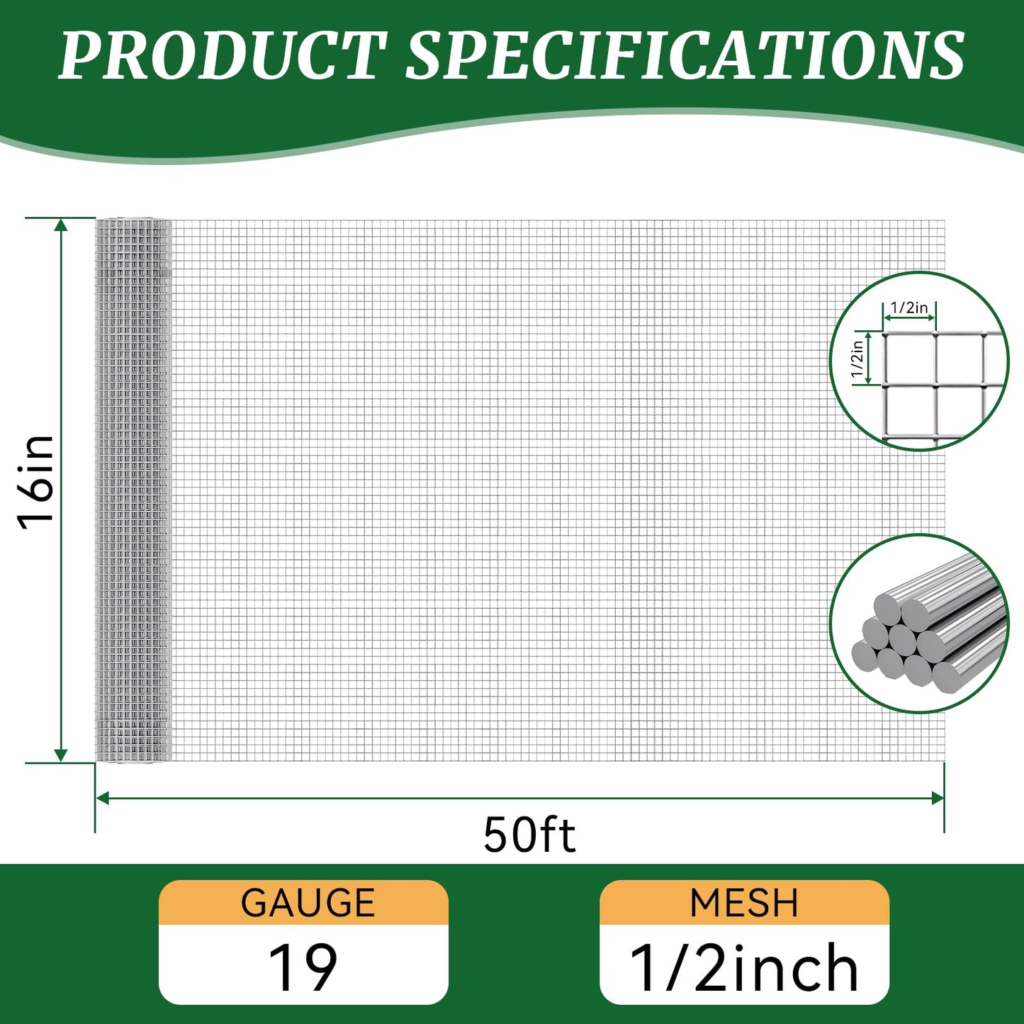 16in x 50ft 19 Gauge Hardware Cloth 1/2 Inch Mesh Roll - Galvanized Chicken Wire Fencing for Garden Fence, Poultry Netting, Gopher Barrier, Animal Cage Screen, Chicken Wire Craft Projects
