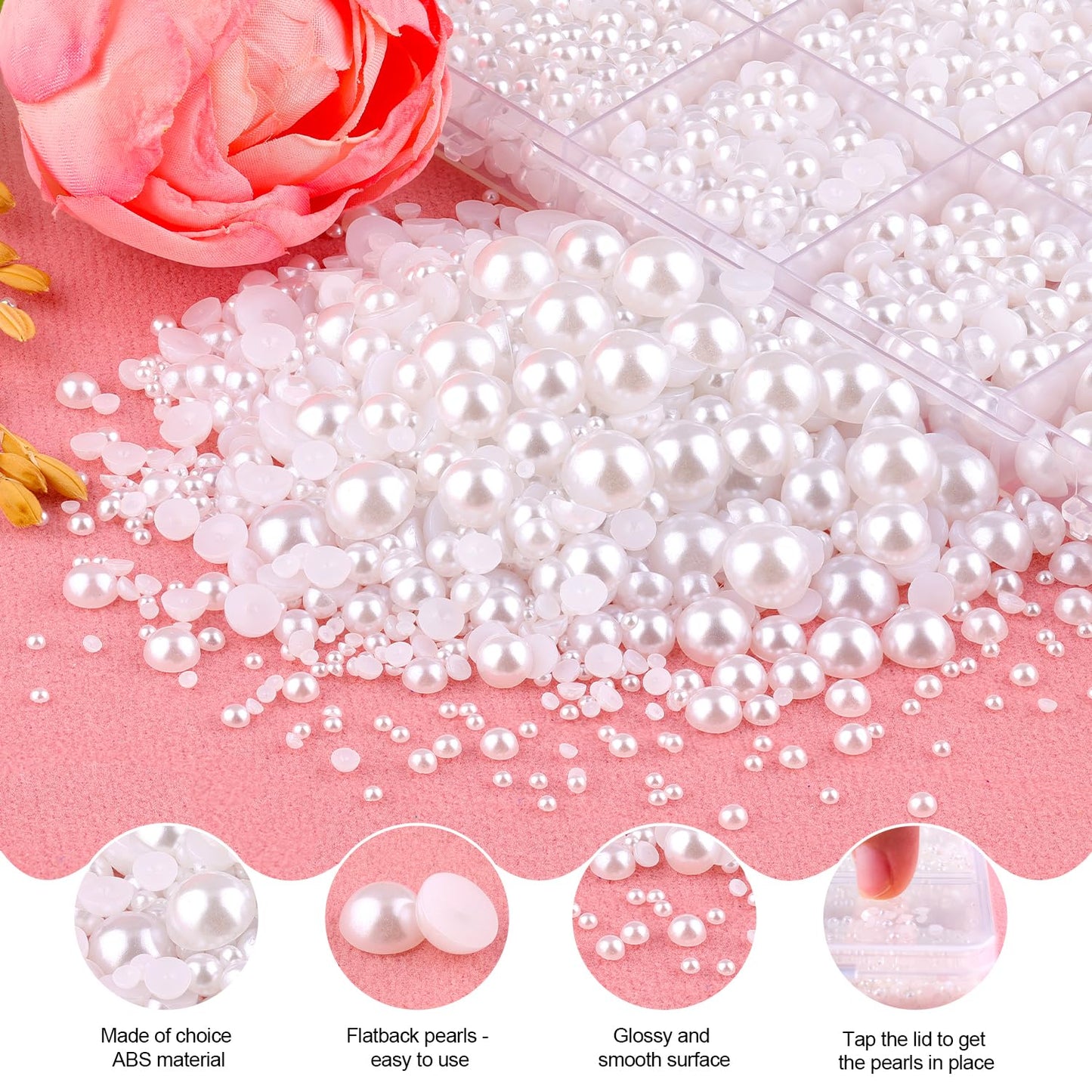 14000Pcs Flatback Pearls for Crafting (White), Assorted Size 2/3/4/5/6/8/10mm Half Pearl Bead Gems with 3Pcs 10ml B7000 Jewelry Glue, Bedazzling Kit for Crafts Shoes Graduation Cap Nail Art