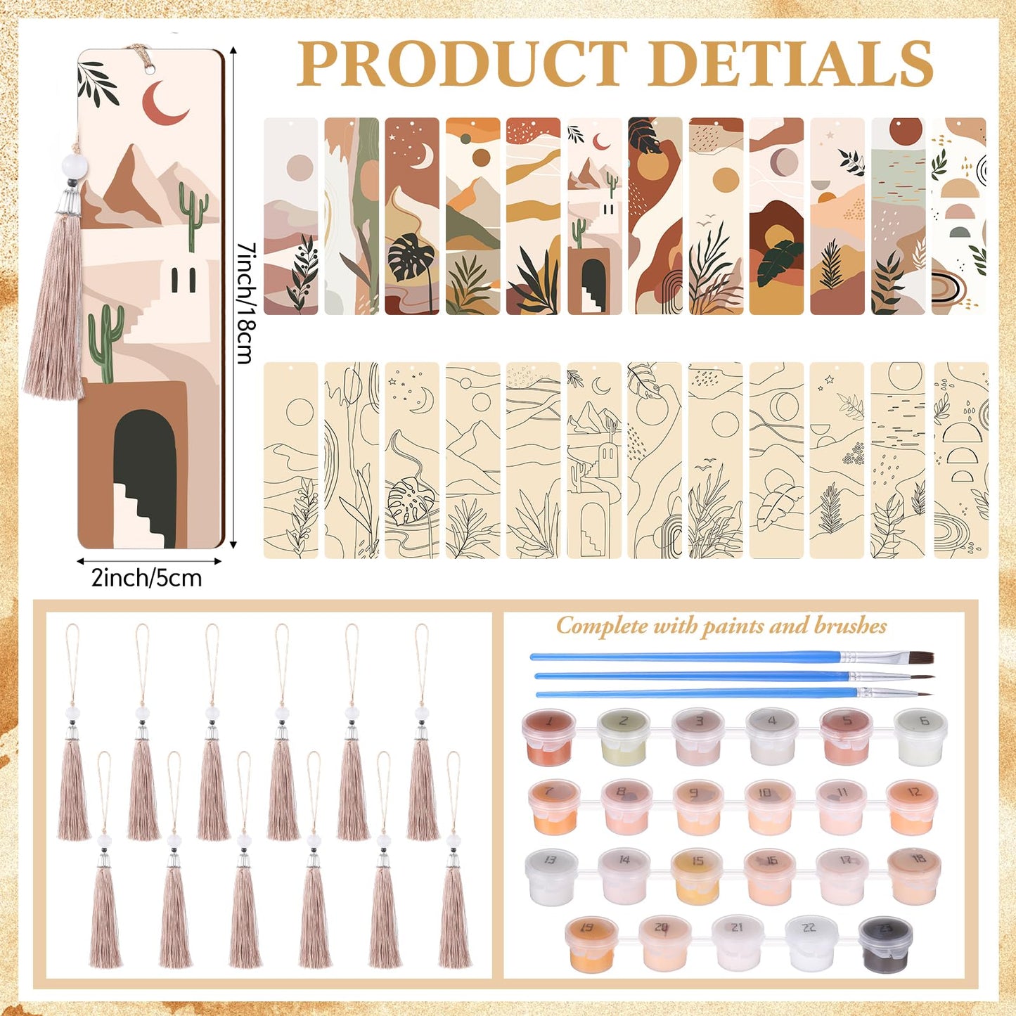 Kosiz 12 Pcs Boho Paint by Numbers Kit for Adults Wood Bookmark Painting Decor Mini Paint by Numbers Kit Tassels Blank Bookmarks Craft for Small DIY Book Lovers Gift 7x2 ''