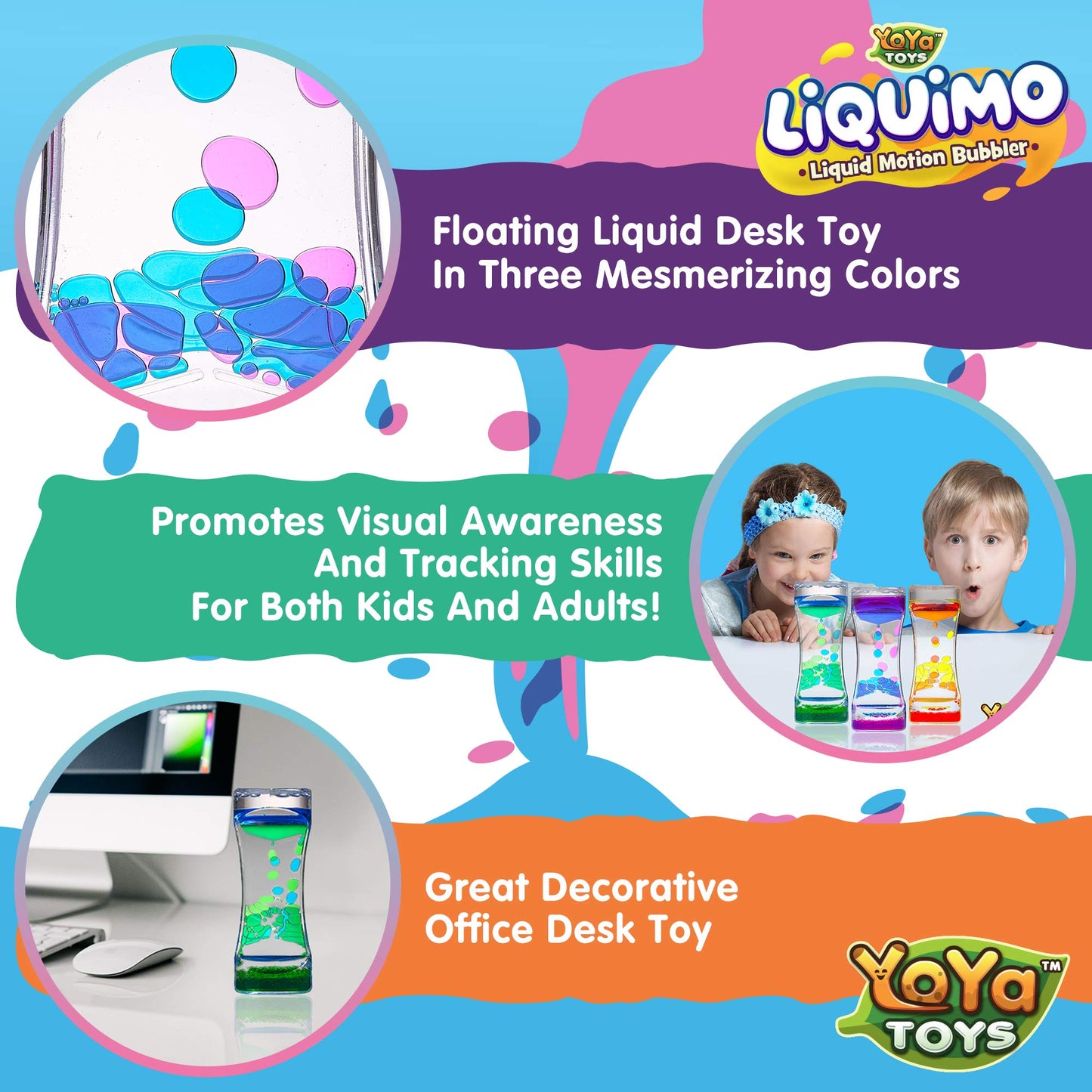 YoYa Toys Liquimo - Liquid Motion Bubbler - 3 Pack - Sensory Fidget Desk Toy for Kids & Adults - Relaxing Hourglass Timer Tubes - Calming Visual Play for School, Home, Office, Stress Relief and Focus
