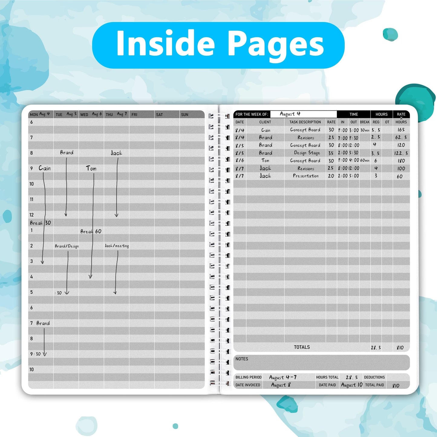 INKNOTE 2Pcs Time Tracker Log Timesheet Notebook Spiral Management LogBook for Effectively Track and Plan Your Day 9 X 6.1inch-100 Pages