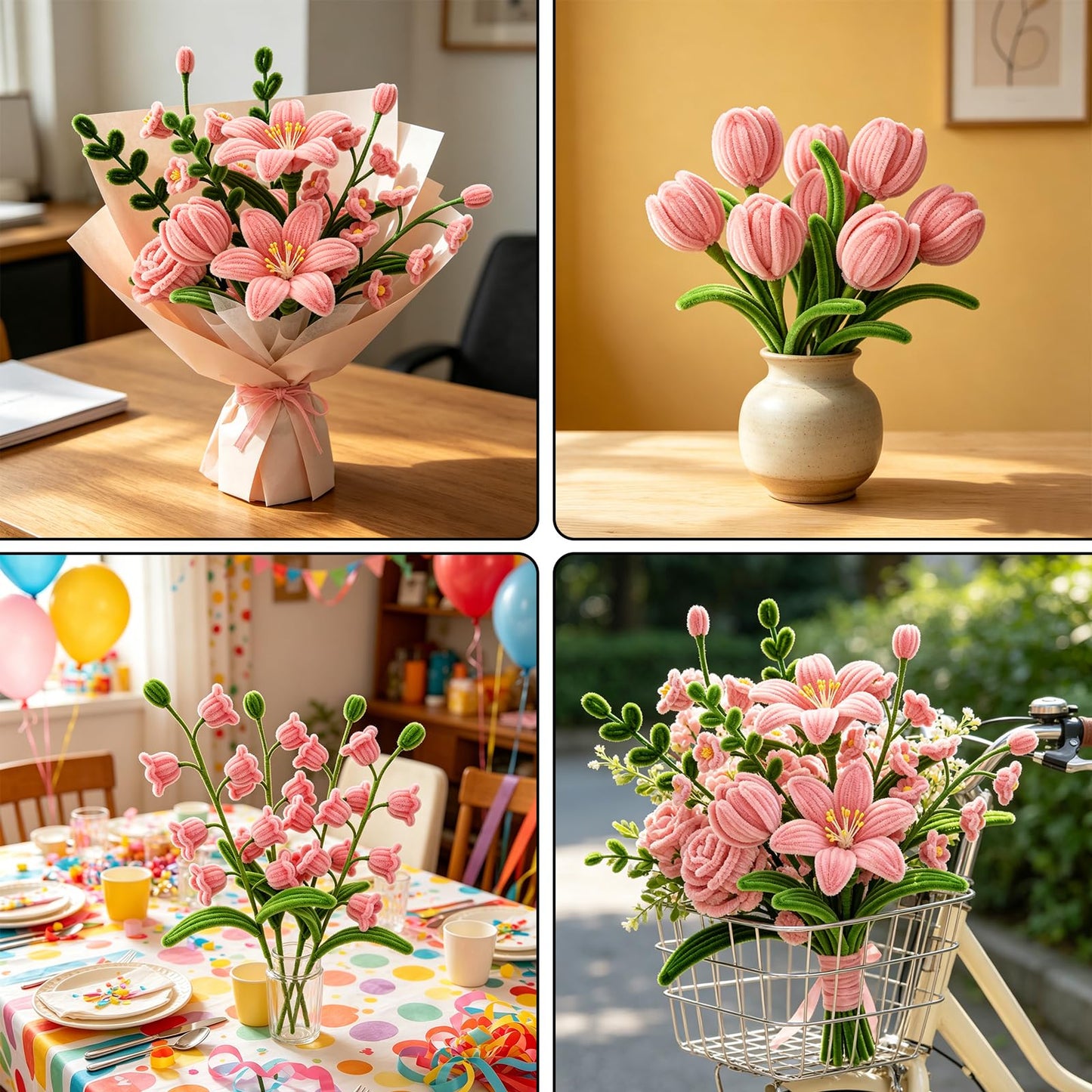 CHRORINE 320 Pcs Pipe Cleaners Bulk Pipe Cleaner Flower Kit Craft Supplies Soft and Flexible Creative Suitable for Art DIY Packaging and Decoration- Pink, Green