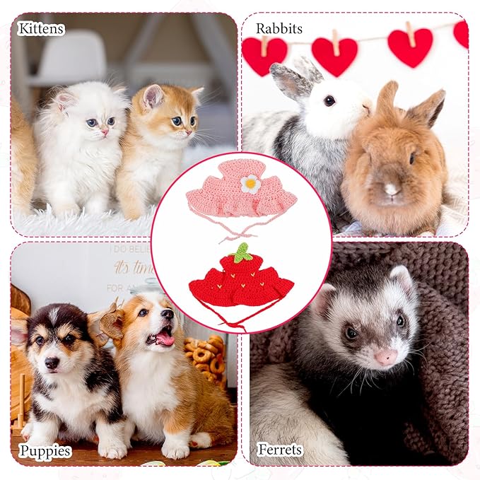 Matwsec 2PCS Strawberry Cat Hats Cute Flower Crochet Hats for Cats