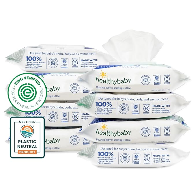 HealthyBaby Our Wet Wipes | EWG Verified Safe | 100% Water & Plant Based | Unscented & Safe for Sensitive Skin | Fragrance Free and Totally Chlorine Free (8 packs, 512 wipes)