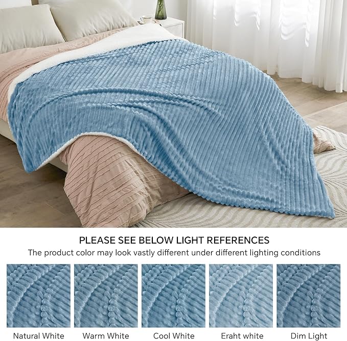 INFIIXSO Sherpa Fleece Queen Size Blanket - Super Soft & Warm Striped Fleece, Cozy Plush Fluffy Large Bed Blanket All Season Use (Light Blue, 90x90 Inches)