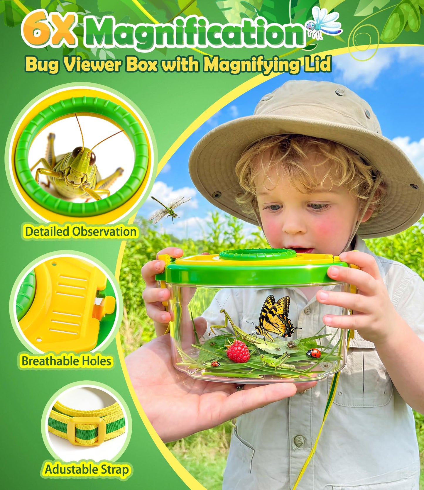 SOLIEHOO Bug Catcher for Kids 3-12, Bug Vacuum Bugs Catching Release Kit, Magnifying Glass Bug Collector Butterfly Net Bugs Grabber Insect Catcher Tweezers, Boys Outside Explorer Toys Birthday Gift
