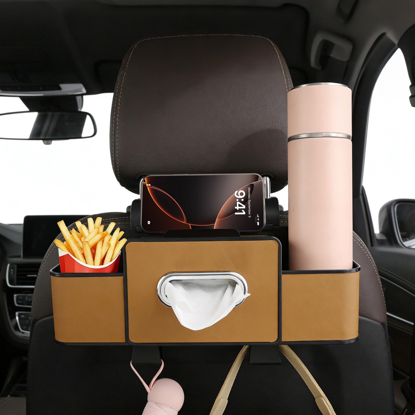 Amooca Back Seat Car Organizer, 4+2 in 1 Multifunctional Car Backseat Storage Box with 3 Cup Holders Tissue Box Hook, Car Interior Storage for Travel Phones Snacks Drinks(Brown)