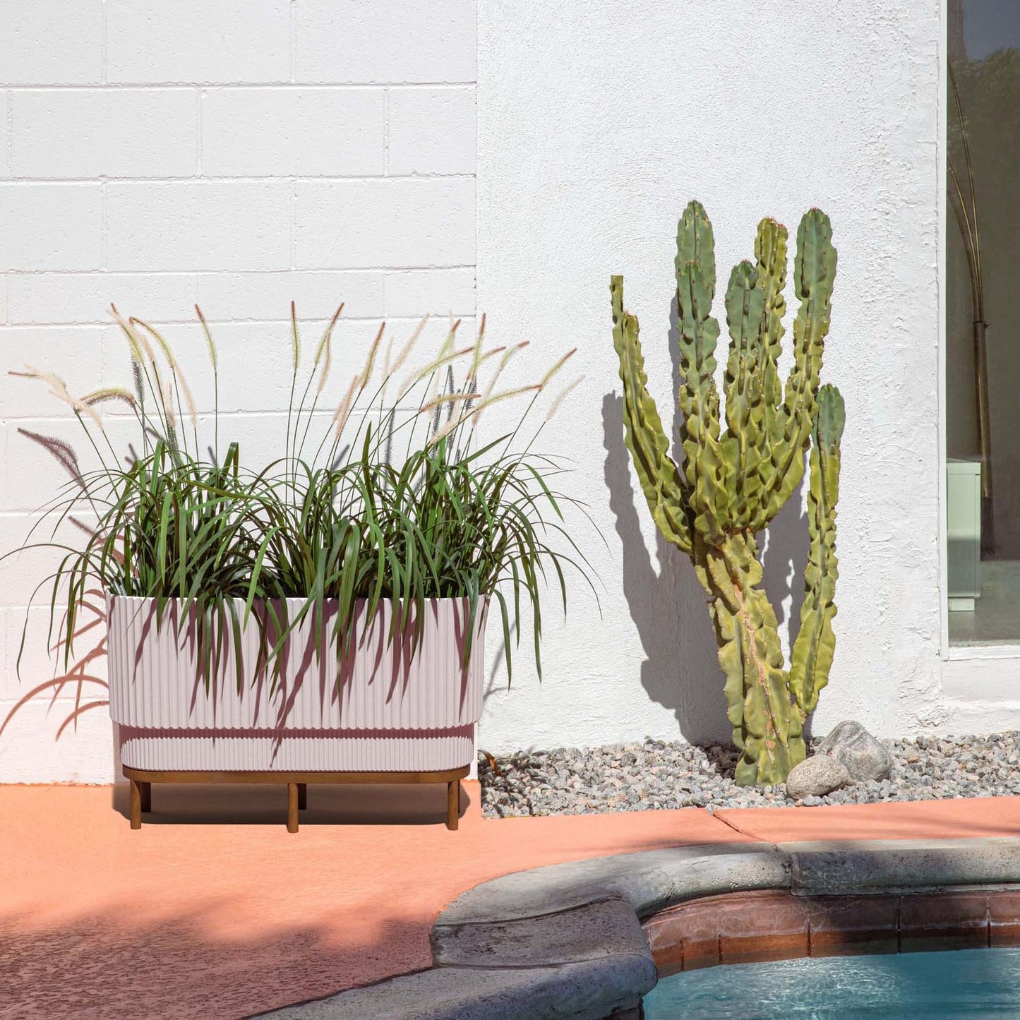 Veradek Demi Series Raised Long Planter for Indoor/Outdoor Use | Made from Plastic & Stone w/Wooden Stand | Modern Patio Décor for Flowers/Shrubs