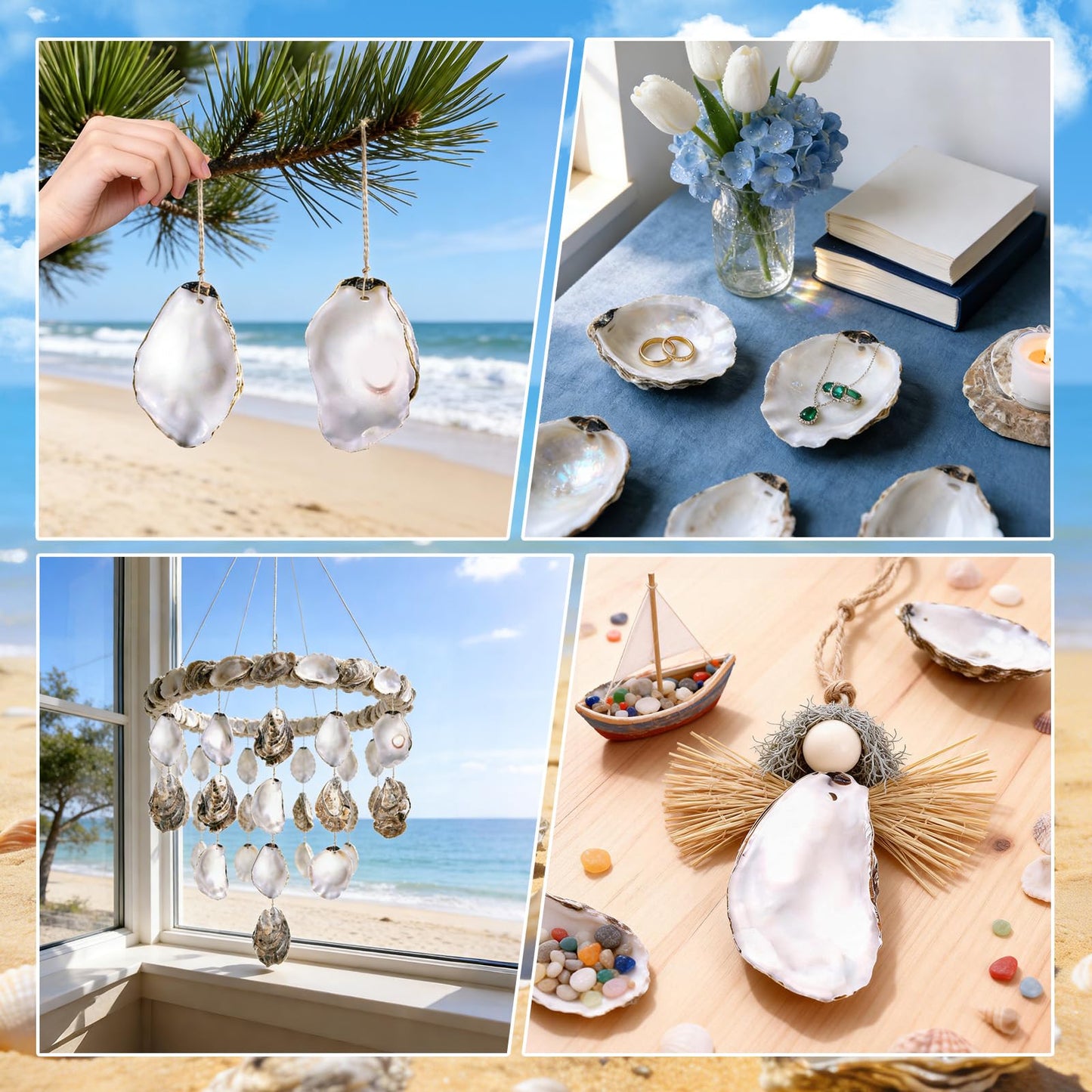 20Pcs Oyster Shells for Crafts,4"-5" Natural Large Flat Oyster Shells with Holes Drilled & Jute Rope for DIY Crafting, Sea Shells Ornaments Decoupage for Beach Home Decor Painting Chicken (20)