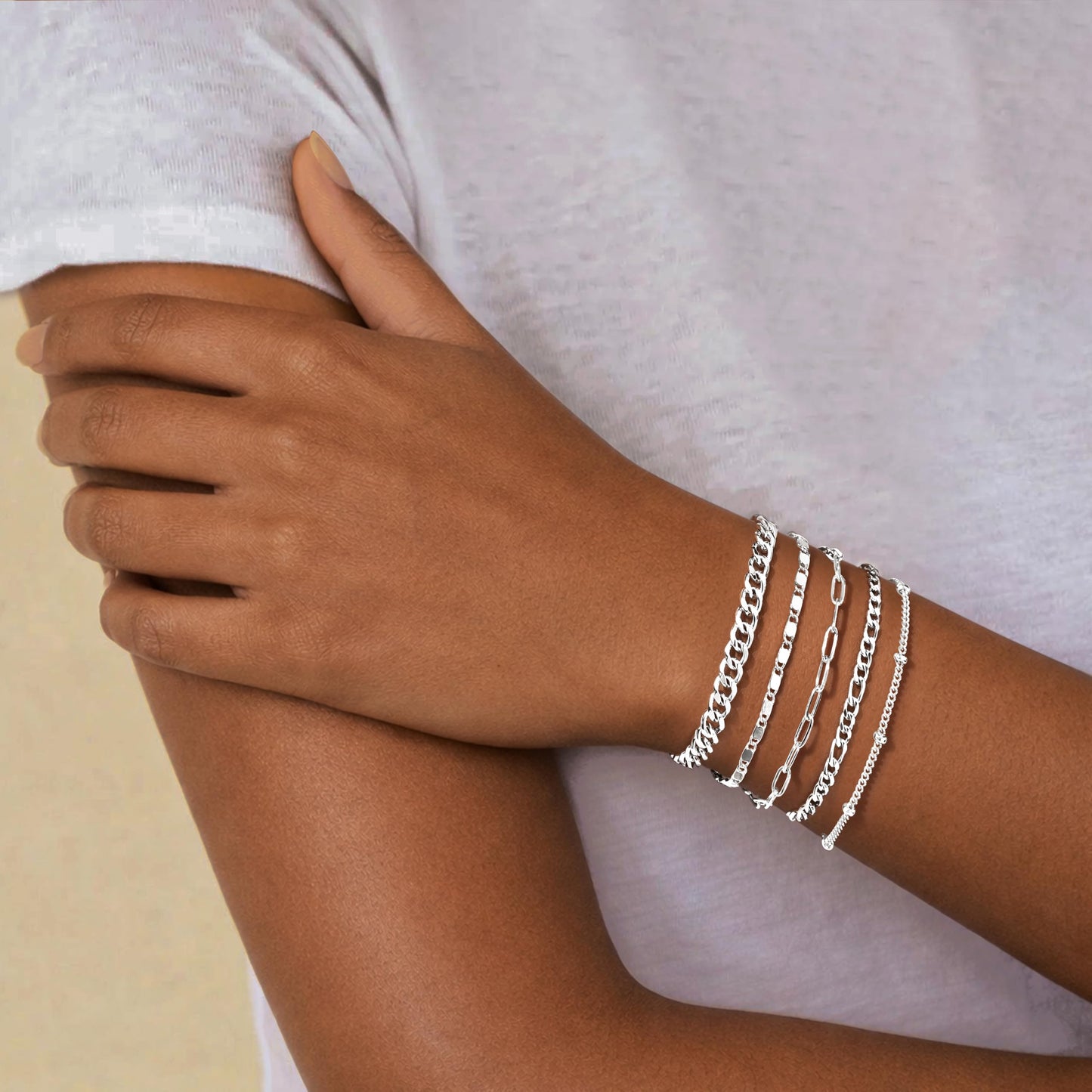 Gokeey Sterling Silver Bracelets for Women Non Tarnish, Stackable Silver Dainty Figaro Paperclip Cuban Link Chain Bracelet Stack Set Pack for Women Trendy Simple Silver Jewelry Gifts