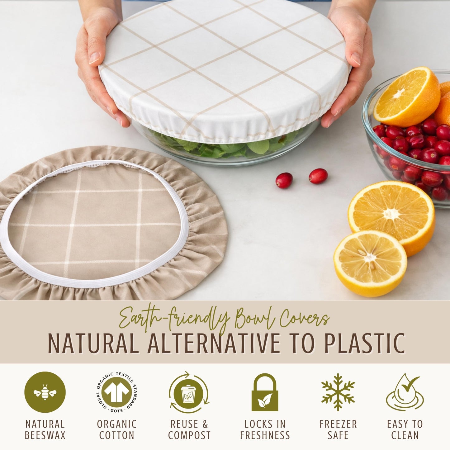 Nectar & Nest Reusable Bowl Covers for Bread Proofing (2 Lg) - Beeswax Bowl Covers Reusable, 100% Organic Cotton, Elastic Cover for Sourdough, Dough Proofing and Food Storage, Compostable