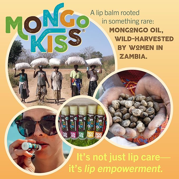 Mongo Kiss Organic Lip Balm 6-Pack by Eco Lips 100% Organic Beeswax & Cocoa Butter Lip Care with Mongongo Oil - Soothe & Moisturize Dry & Cracked Lips - Made in USA. (Pomegranate, Yumberry, Blood Oran