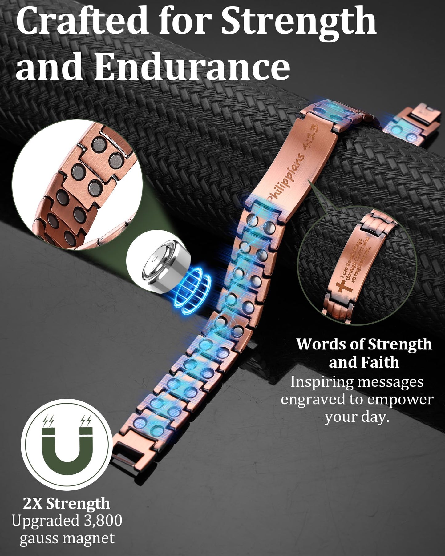 Fashtour Copper Cross Bracelet for Men - Ultra Strength Magnetic Mens Cross Jewelry Set - Adjustable Magnetic Bracelet with Sizing Tool Jewelry Box(Copper&Philip 4:13)