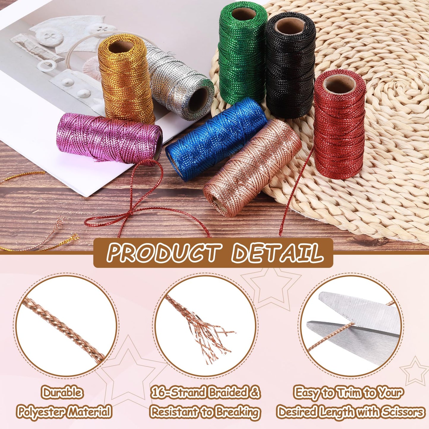 HARFINGTON 3 Roll 1.5mm Metallic String, 16 Ply Decorative Metallic Bakers Twine Thread Cord Rope for Gift Wrapping DIY Crafts Making Decor, Gold Tone/Silver Tone/Blue, 164Yards Total