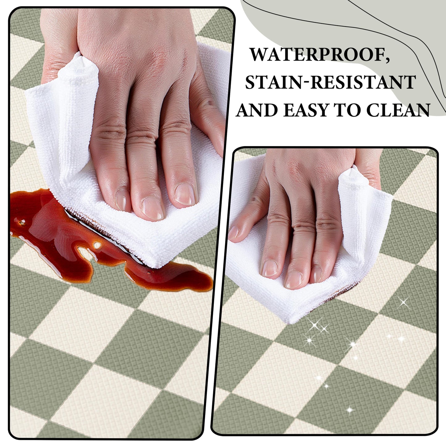 VivaNest Beige Sage Checkered Grid Checkerboard Kitchen Rug Sets [2 PCs], Anti-Fatigue, Waterproof Non-Slip Kitchen Mats Heavy Duty Comfort Foam Rug for Kitchen, Floor, Laundry,17"x29"+17"x47"