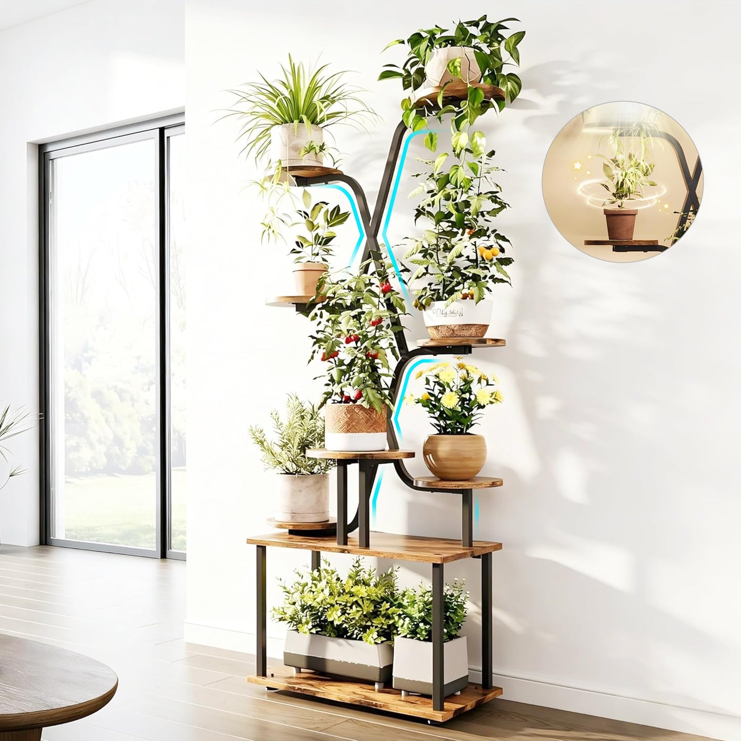 DIOOSN Tall Plant Stand, 9-Tier Tiered Indoor Plant Stand Multiple Shelves, Stable Plant Stand Indoor with Grow Lights for Home, Office, Balcony & Patio