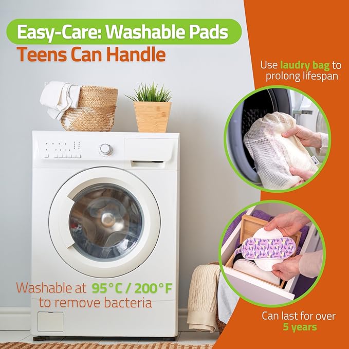 Non-Slip Reusable Period Pads for Teen Girls (S+M, 6-Pack); High-Temp Washable Organic Cotton Cloth Pad; Reliable, Non-Irritating, Soft Reusable Pads Menstrual for Secure & Comfortable First Period