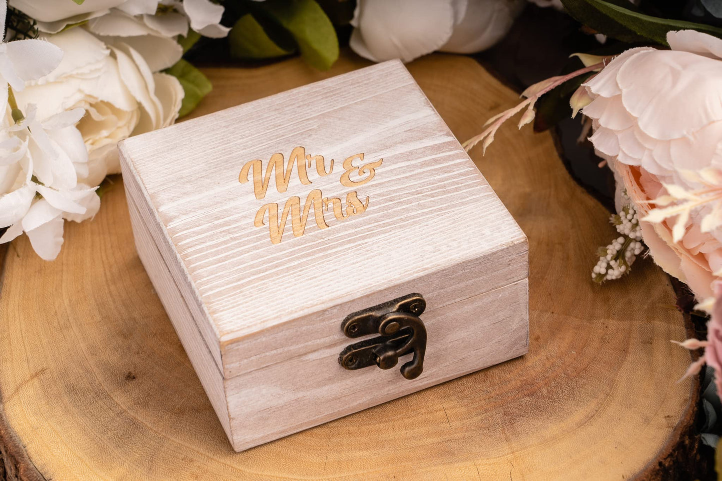 Strova Wooden Ring Box for Wedding Rings and Couple Jewelry - Engraved Mr. & Mrs. Lettering - Ring Bearer Box for Display or Personal Organizer - Brass Latch and Soft, Protective Ring Cushions