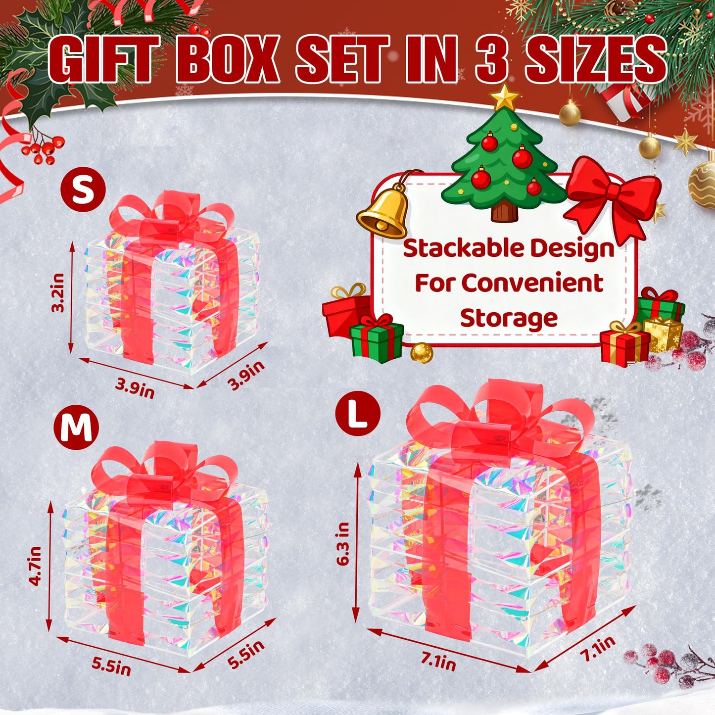 LAWOHO Christmas Lighted Gift Boxes Set of 3 Iridescent Present Boxes with Bow-Knot Battery &USB Powered Light up Box Decorations for Christmas Home Indoor Outdoor Holiday Decoration