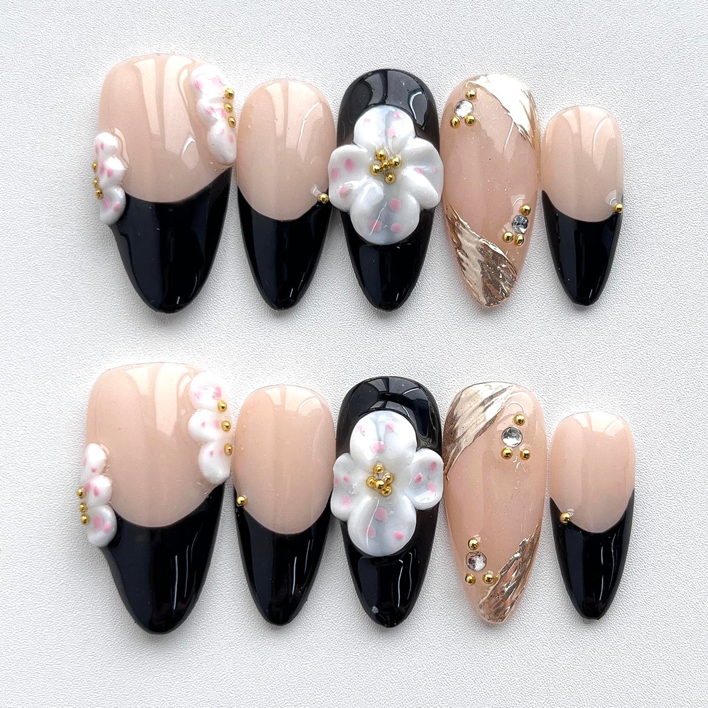 Handmade Press on Nails Almond Medium 3D Floral French Tip Thick Acrylic Fake Nails False Nails with White Flower Gold Curve Line Designs Black Sturdy Nail Art Press on Nails 10Pcs(S)