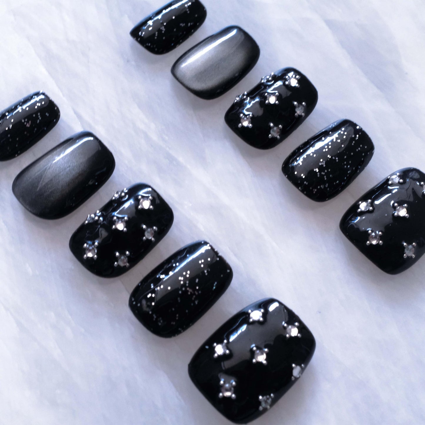 BlackStar - Handmade Press on Nails, Black Starry Sky with Cat Eye, Rhinestone Bling, Short Square Shape, 10PCS (Small Size, SS)