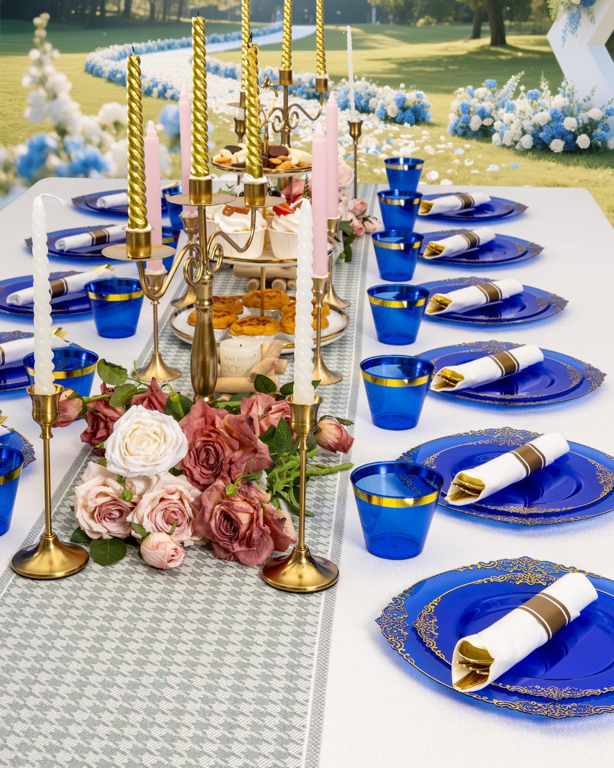 Goodluck 350 Piece Clear Blue Plastic Dinnerware Set for 50 Guests, Fancy Disposable Plates, Include: 100 Blue Rim Plastic Plates, 150 Silverwares, 50 Pre Rolled Napkins, 50 Cups for Party, Wedding