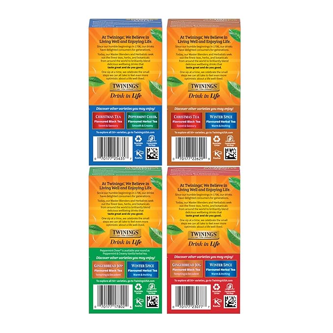 Twinings Holiday Variety Pack Tea Bags, Christmas Tea, Winter Spice, Gingerbread Joy, Peppermint Cheer, 20 Count (Pack of 4), Enjoy Hot or Iced, 80 Teabags