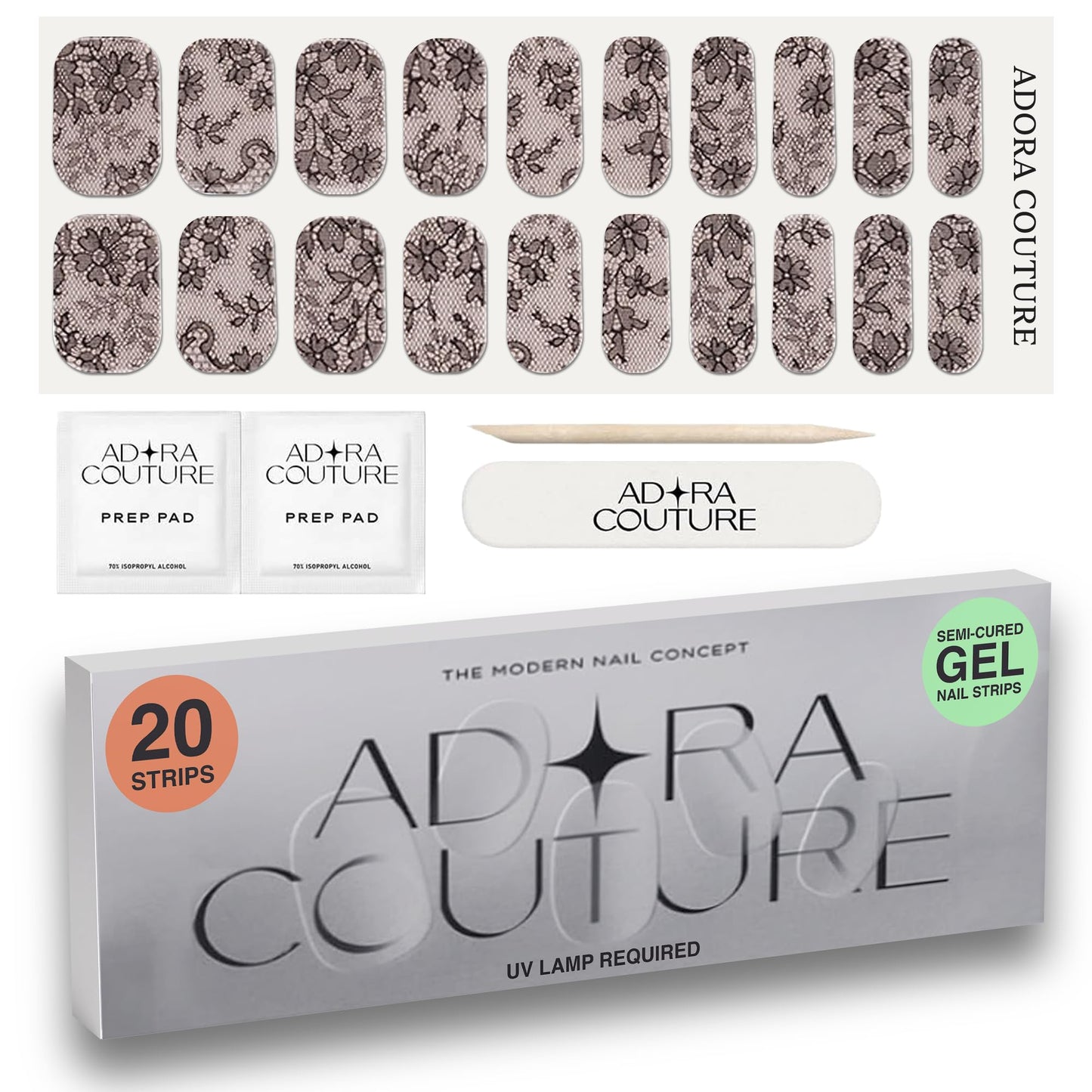Adora Couture Semi Cured Gel Nail Strips with 20 Pieces - UV Gel Stickers, Manicure Kit, Easy Application Wraps Includes Prep Pads, Nail File, Wooden Stick - UV Light Required (Midnight Lace)