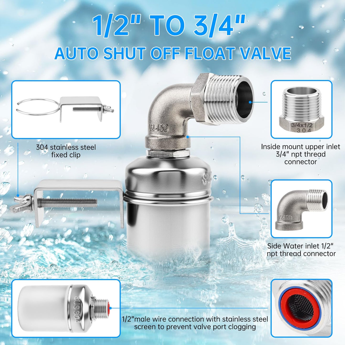 2 Pack Water Float Valve,1/2" to 3/4'' 1'' 304 Stainless Steel Fully Automatic Water Level Controller Float Valve