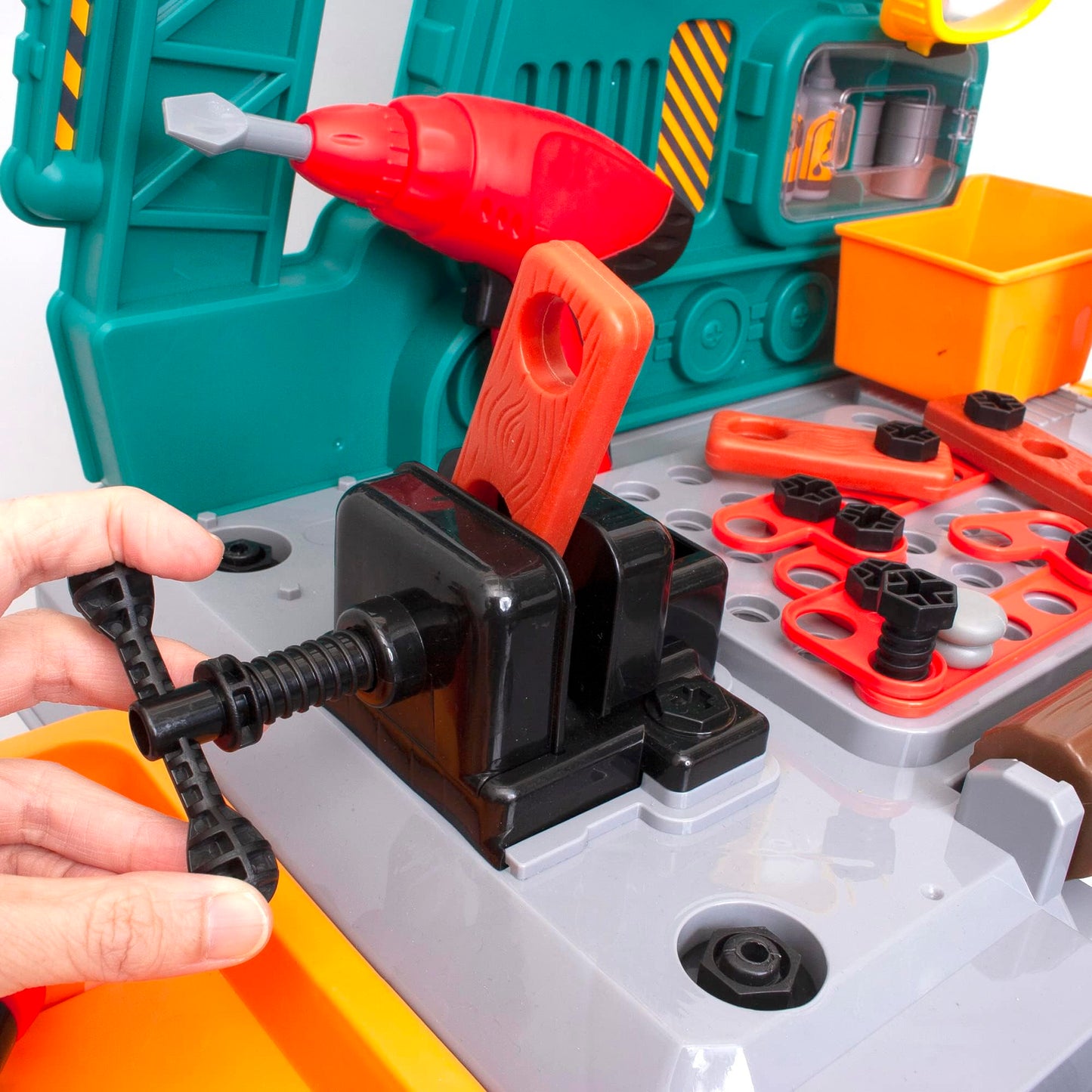 Amazon Basics Kids Workbench Construction Toy, Pretend Play Tool Set with 80 Pieces, Educational Interactive Playset, Play Helmet & Safety Goggles, for Ages 3 and Up, Multicolor, Medium