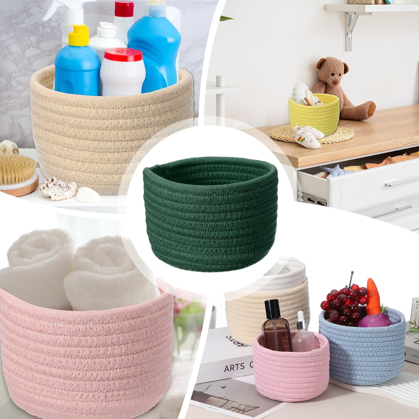 uxcell Green Small Cotton Rope Woven Storage Basket, Shelf Closet Storage Gift Woven Baskets Cute Nursery Box Bin Decor Organization Bin for Home Supply, Round, 5.6x3.6