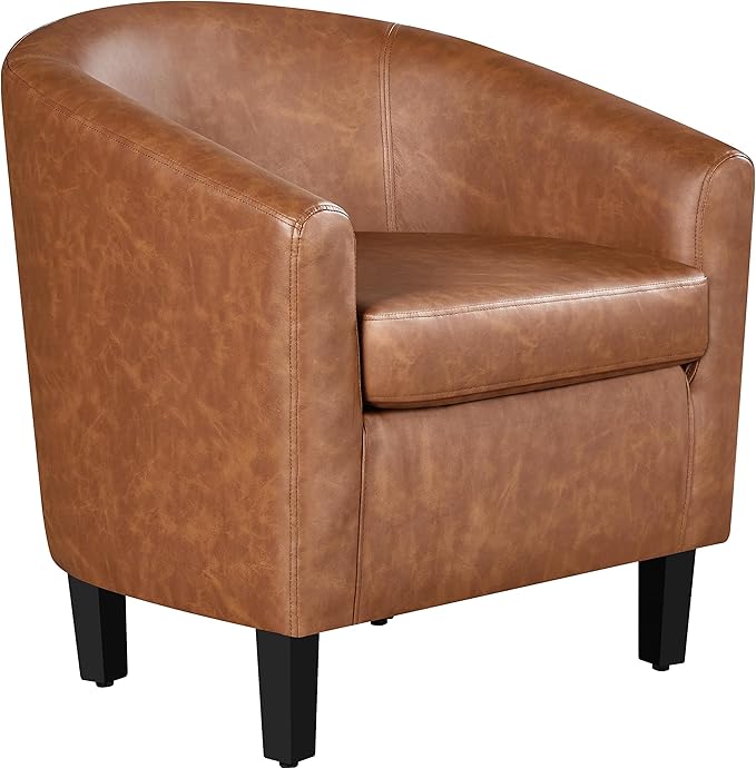 Yaheetech Leather Accent Chair, Faux Leather Armchair, Modern Barrel Club Chair with Soft Seat for Living Room Bedroom Reading Waiting Room, Brown