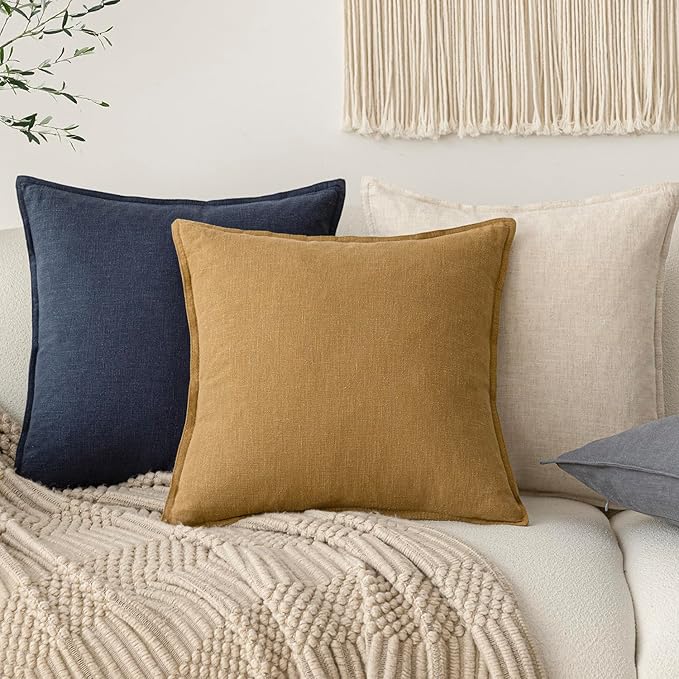 Foindtower Pack of 2, Decorative Linen Soild Throw Pillow Covers Soft Accent Cushion Case Boho Farmhouse Pillowcase for Chair Couch Sofa Bedroom Living Room Home Decor 16 x 16 Inch Honey Mustard